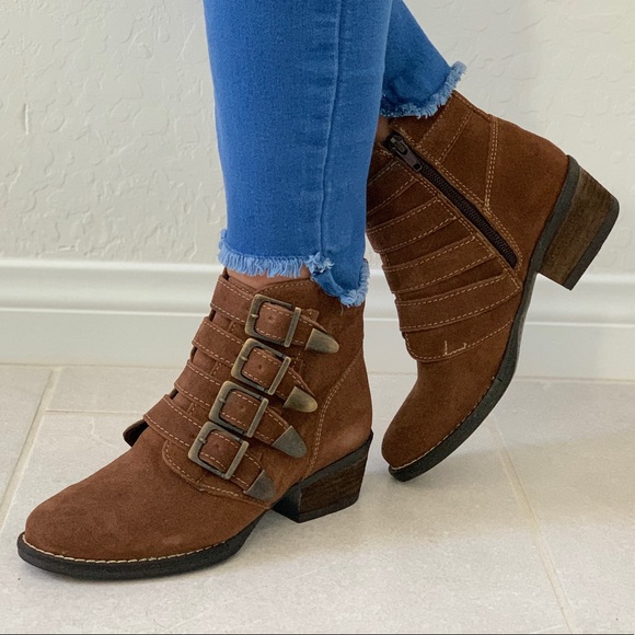 Cognac Genuine Suede Bootie With Buckle Details - Picture 4 of 8